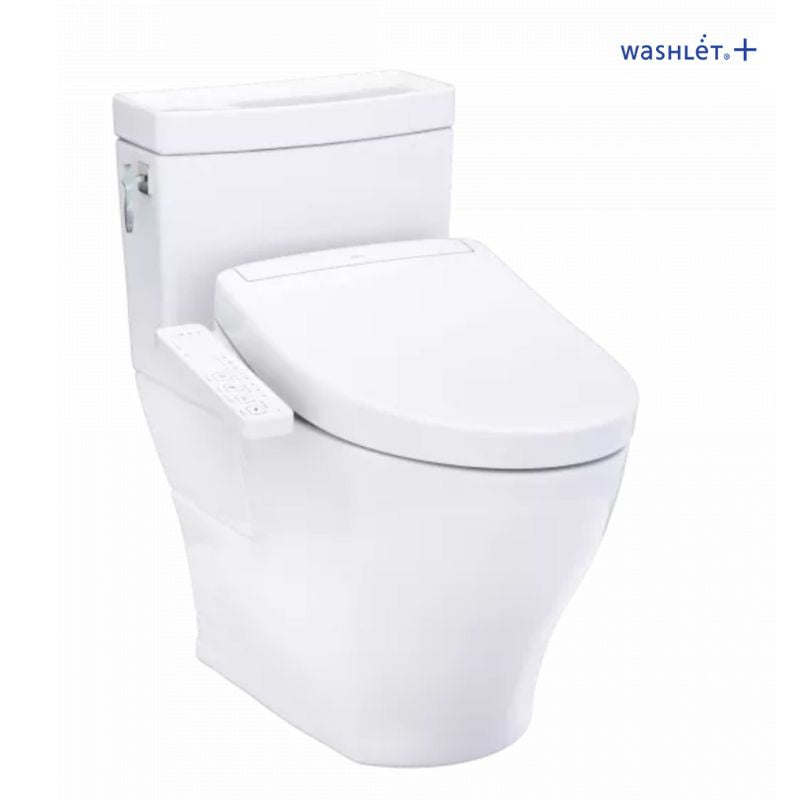 TOTO Aimes® WASHLET®+ S2 One-Piece Toilet - 1.28 GPF - White toilet with open lid on a white background, featuring the Washlet brand.