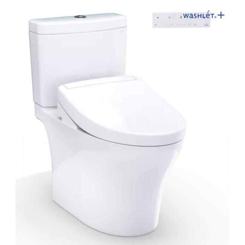 TOTO Aquia® IV WASHLET®+ S5 Two-Piece Toilet - 1.28 GPF/0.9 GPF - Universal Height - White toilet with Washlet+ branding on a white background