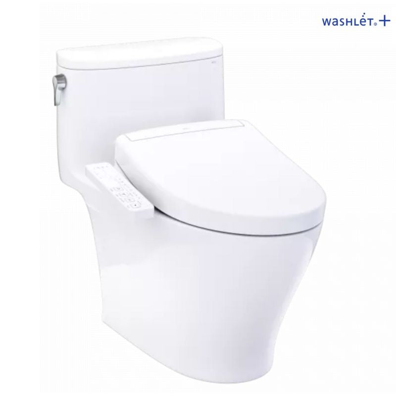 TOTO Nexus® WASHLET®+ S2 One-Piece Toilet - 1.28 GPF - White toilet with open lid on a white background, featuring the Washlet brand.