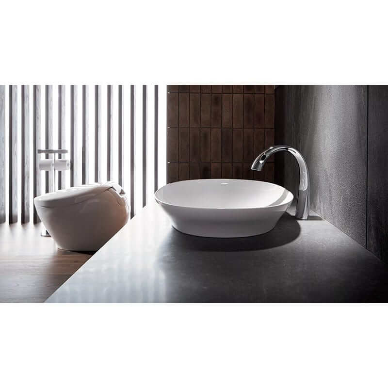 Modern bathroom with TOTO Neorest NX1 Dual Flush Bidet Toilet and sleek countertop sink.