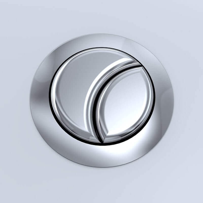Dual flush button of TOTO Aquia IV One-Piece Toilet, sleek chrome design for efficient water usage with 1.28 GPF & 0.9 GPF options.