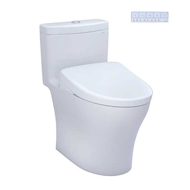 TOTO Aquia IV Washlet+ S7 One-Piece Toilet with dual flush 1.28 and 0.9 GPF, includes control panel, features sleek modern design.