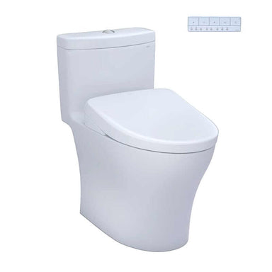 TOTO Aquia IV Washlet+ S7A one-piece toilet with remote shown, features dual flush 1.28 and 0.9 GPF.