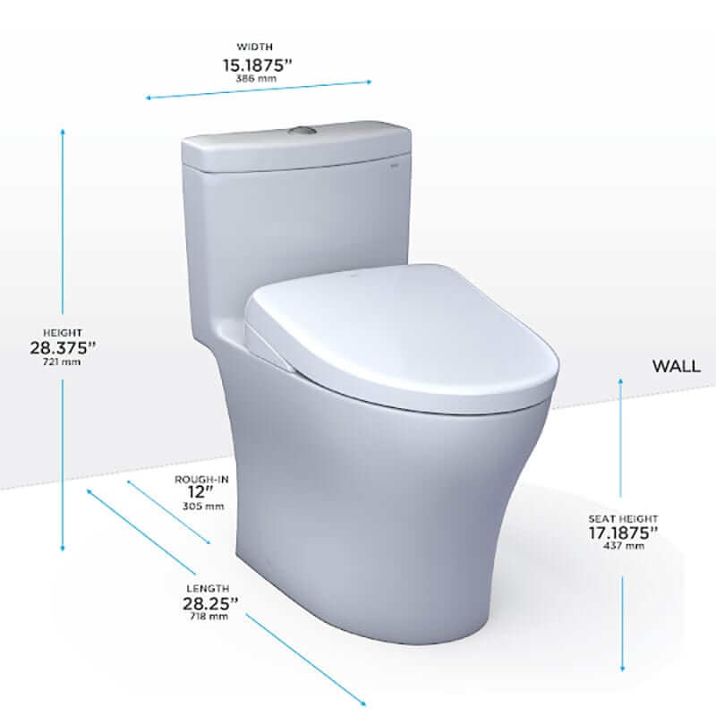 TOTO Aquia IV Washlet S7A one-piece toilet with dimensions, featuring 1.28 and 0.9 GPF dual flush system and sleek design.