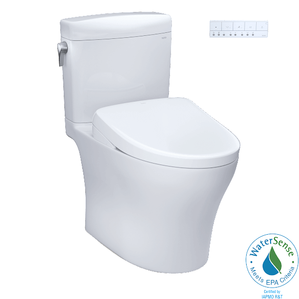 TOTO Aquia IV Cube Washlet+ S7A Two-Piece Toilet with remote control and WaterSense label, featuring 1.28 & 0.9 GPF efficiency.
