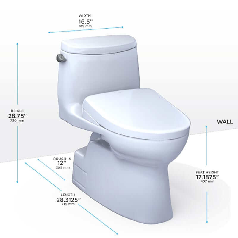 TOTO Carlyle II Washlet + S7A One-Piece 1.28 GPF toilet with dimensions in white, showcasing ergonomic design and modern efficiency.