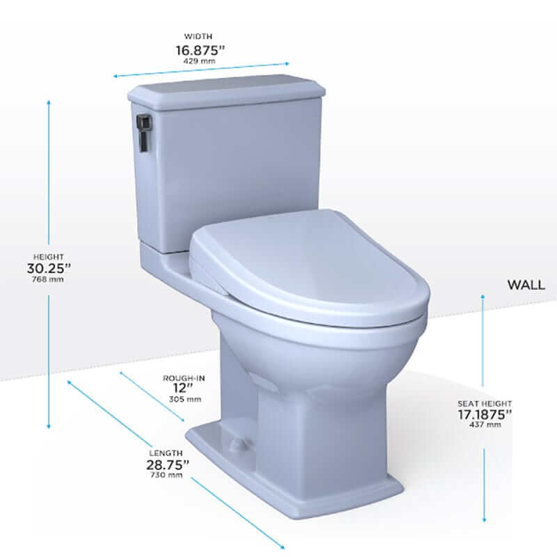 TOTO Connelly Washlet+ S7 two-piece toilet with dimensions and water-saving features, shown with height, width, and length measurements.