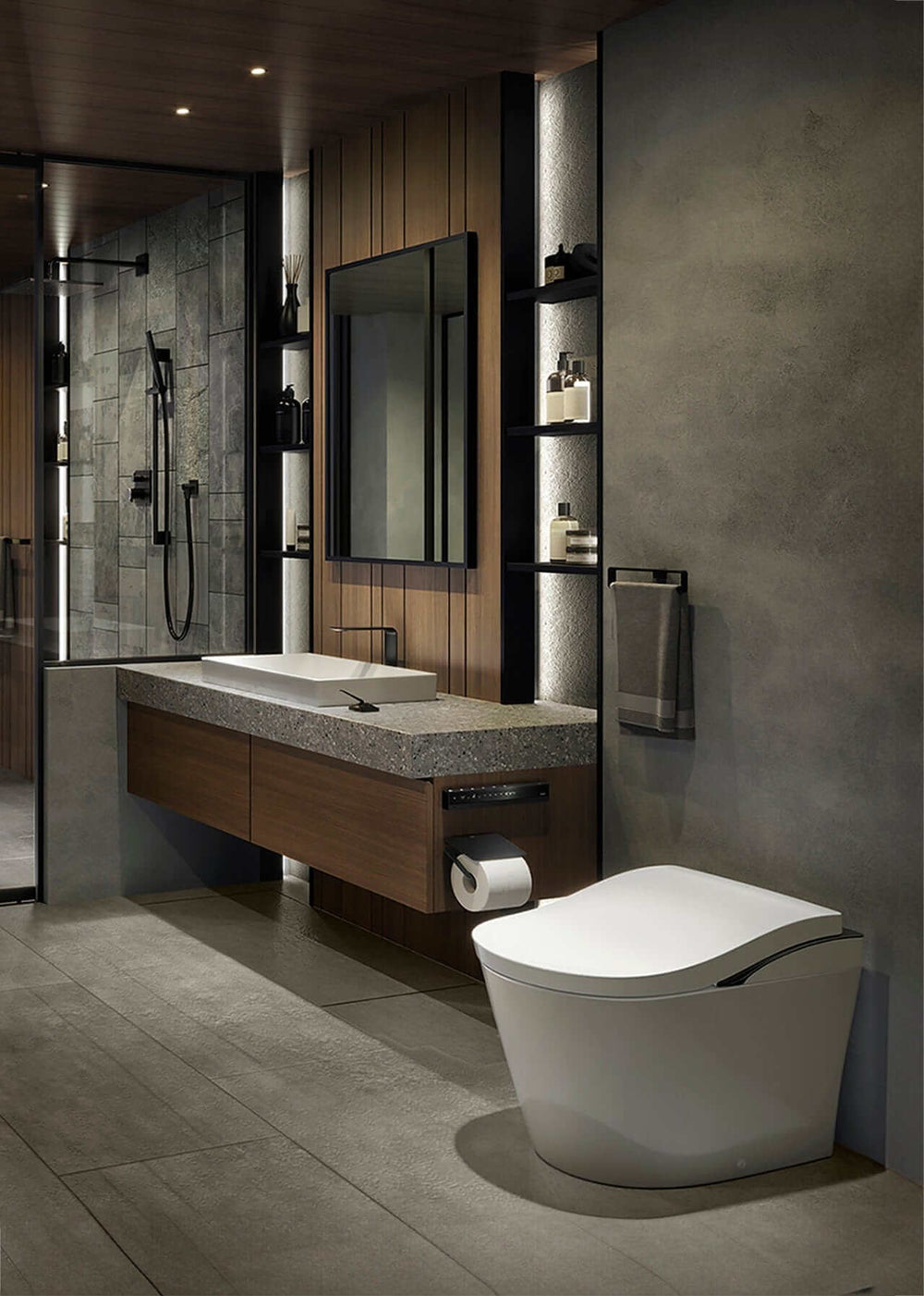 Modern bathroom featuring TOTO Neorest LS bidet toilet with sleek design and integrated countertop sink.