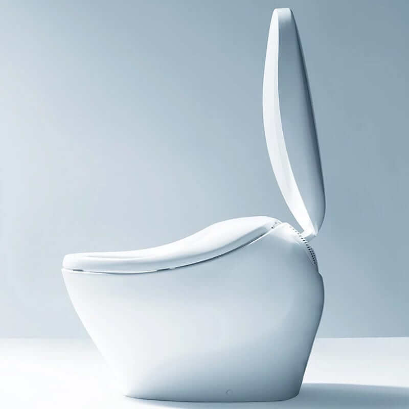 TOTO Neorest NX1 dual flush bidet toilet with seat raised, featuring modern design and advanced technology for comfort and hygiene.