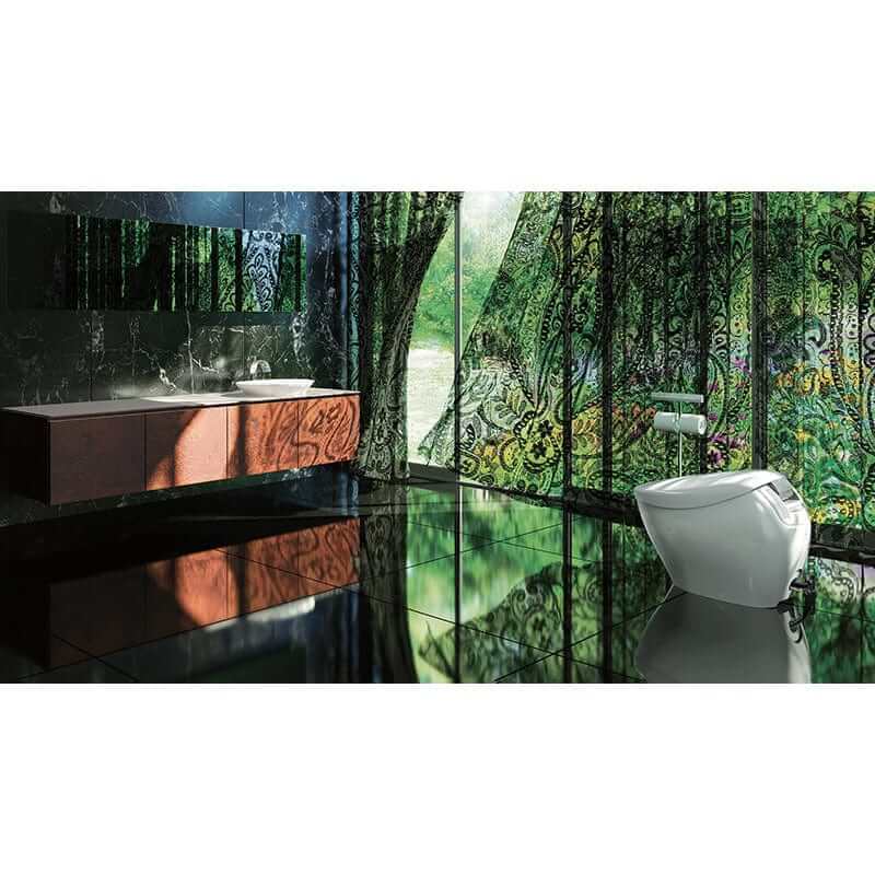 TOTO Neorest NX1 dual flush bidet toilet in modern bathroom with nature view and sleek design features