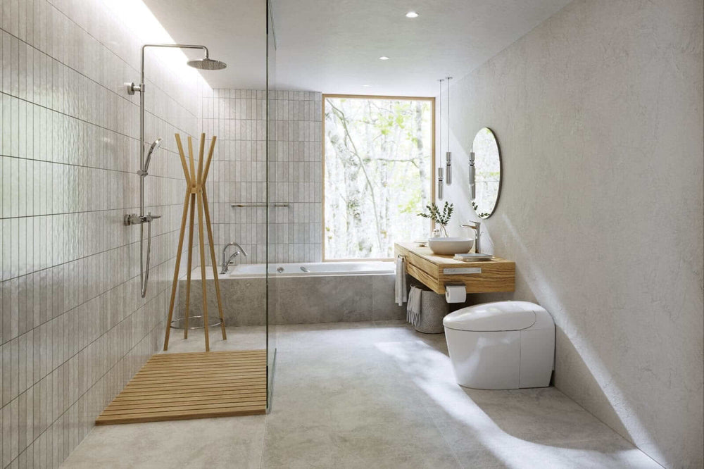 Modern bathroom featuring TOTO Neorest RS Dual Flush Bidet Toilet with elegant design and natural lighting.