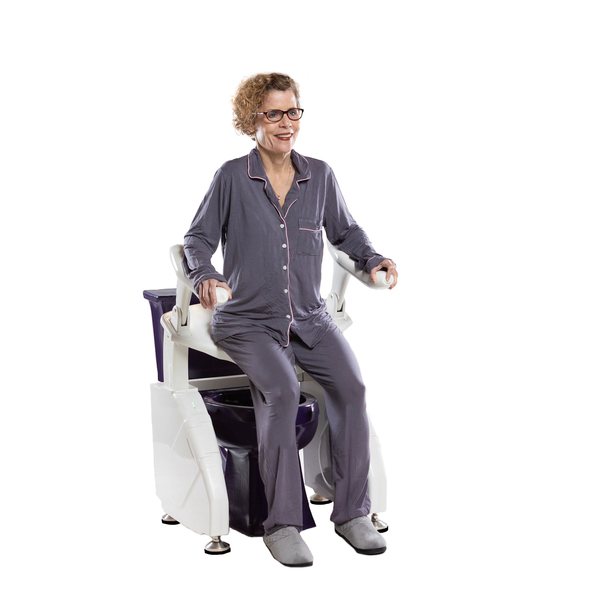 Dignity Lifts Deluxe Toilet Lift DL2 - Person sitting on a white and purple toilet and lift against a white background