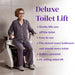 Dignity Lifts Deluxe Toilet Lift DL2 - A woman in gray pajamas sits on a white and purple Deluxe Toilet Lift, with text on the right describing the product features.