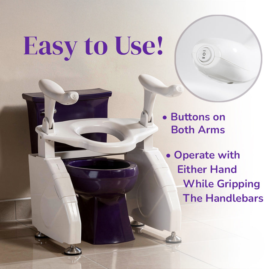 Dignity Lifts Deluxe Toilet Lift DL2 - White and purple toilet lift seat with instructional text and showing the control button, set against a beige tiled wall background.