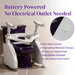 Dignity Lifts Deluxe Toilet Lift DL2 - A battery-powered portable toilet lift and seat trainer shown next to a purple toilet, with promotional text highlighting its battery power and features, plus a circular inset showing the battery indicator lights.