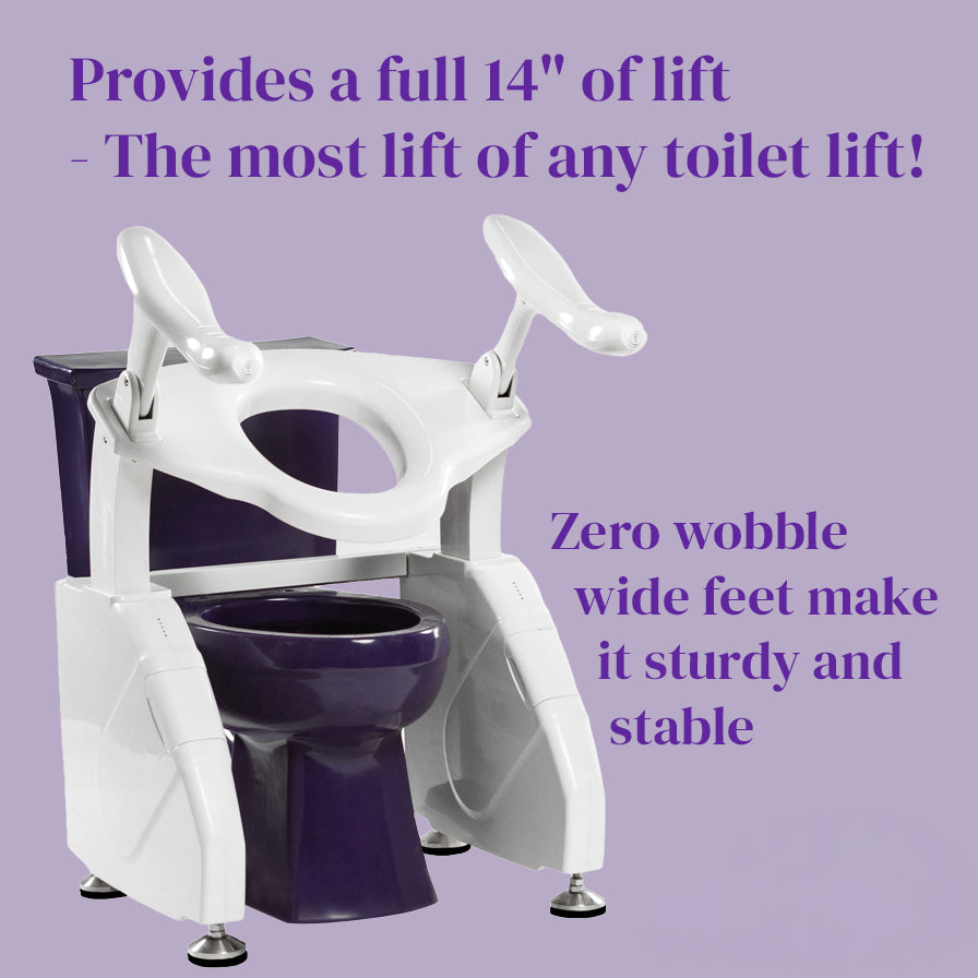 Dignity Lifts Deluxe Toilet Lift DL2 - A white and purple toilet lift seat with armrests and wide feet, shown against a light purple background with promotional text describing its lift height and stability.