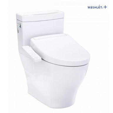 TOTO Aimes® WASHLET®+ S2 One-Piece Toilet - 1.28 GPF - White toilet with open lid on a white background, featuring the Washlet brand.