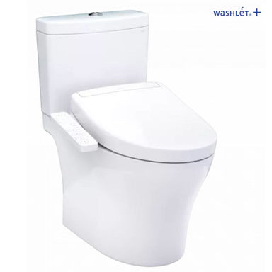 TOTO Aquia® IV WASHLET®+ S2 Two-Piece Toilet - 1.28 GPF/0.9 GPF - White toilet with closed lid on a white background, featuring the Washlet brand.