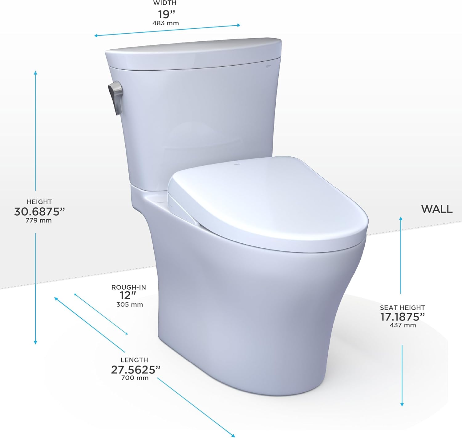 TOTO Aquia IV Arc WASHLET S2 Two-Piece Toilet dimensions