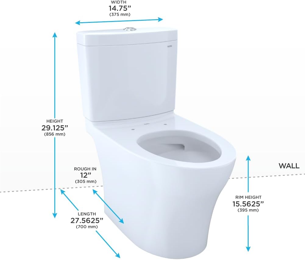TOTO Aquia IV Two-Piece Toilet - Universal Height - White toilet with dimensions labeled on a white background
