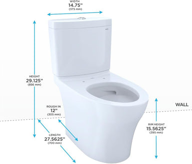 TOTO Aquia IV Two-Piece Toilet - Universal Height - White toilet with dimensions labeled on a white background