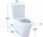 TOTO Aquia IV Two-Piece Toilet - Universal Height - White toilet with dimensions labeled on a white background