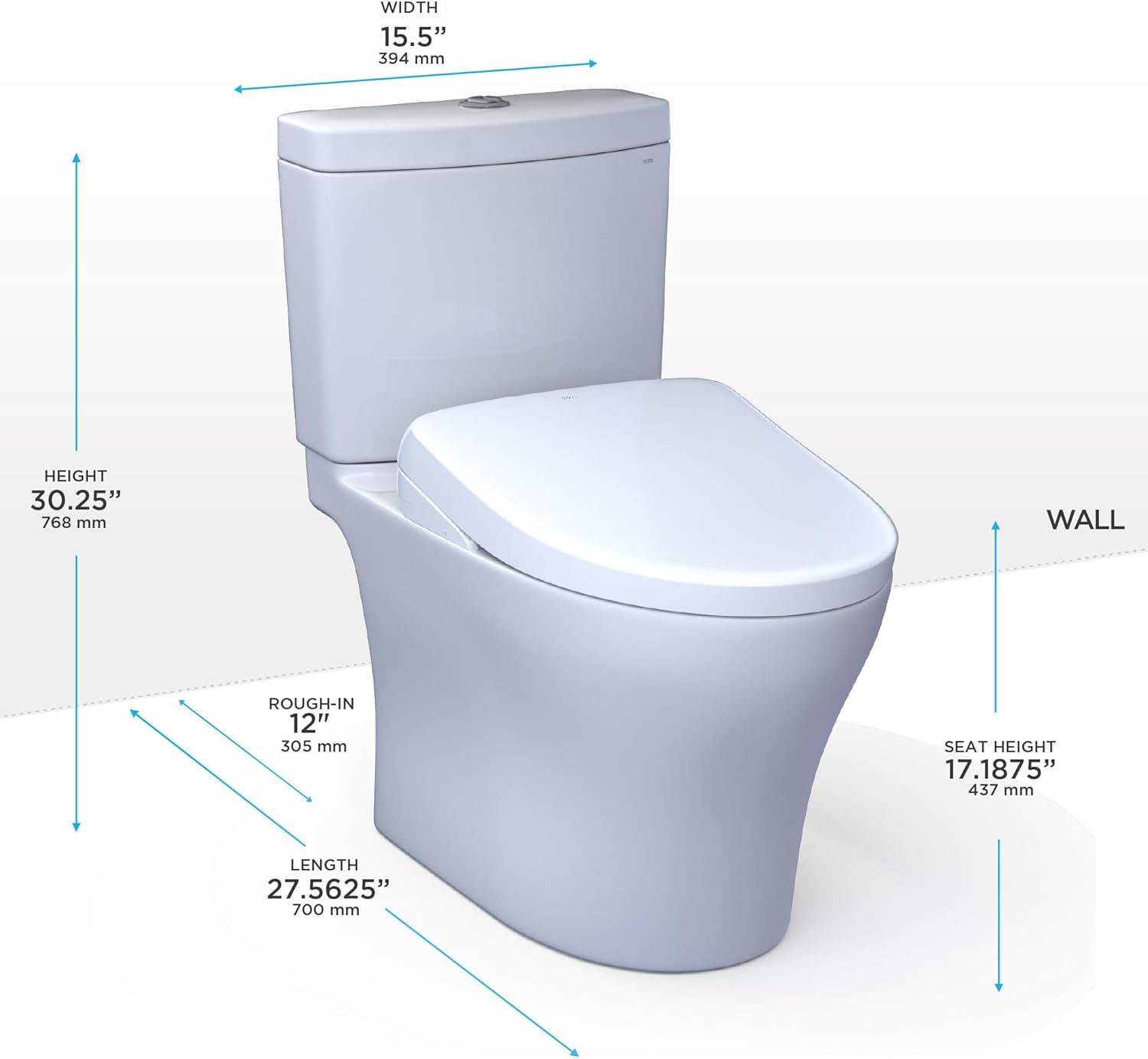 TOTO Aquia IV WASHLET+ S5 Two-Piece Toilet dimensions