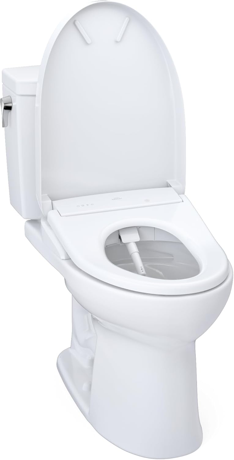 TOTO Drake II 1G Washlet + S7A Two-Piece - White toilet with open lid on a white background