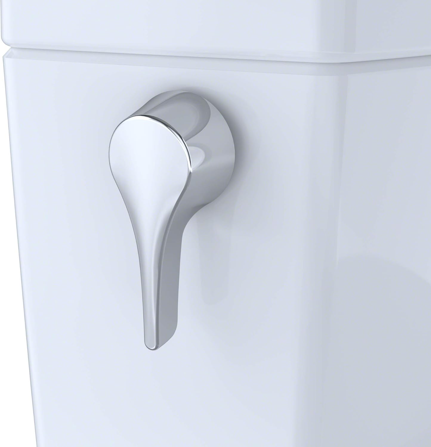 TOTO Drake II 1G Washlet + S7A Two-Piece - Close-up of a chrome flush handle on a white toilet tank