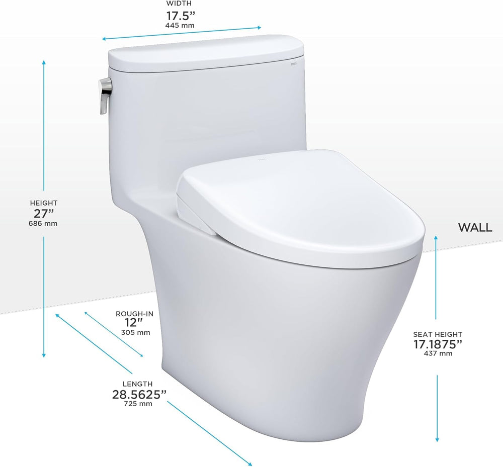 TOTO Nexus 1G Washlet+ S7A One-Piece - White toilet with dimensions labeled on a white background