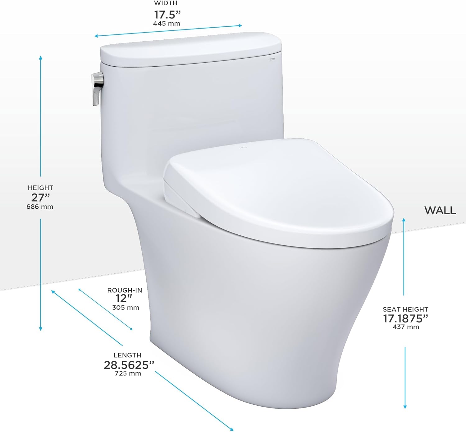 TOTO Nexus 1G Washlet+ S7A One-Piece - White toilet with dimensions labeled on a white background