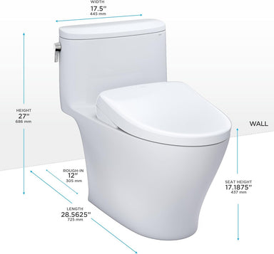 TOTO Nexus 1G Washlet+ S7A One-Piece - White toilet with dimensions labeled on a white background