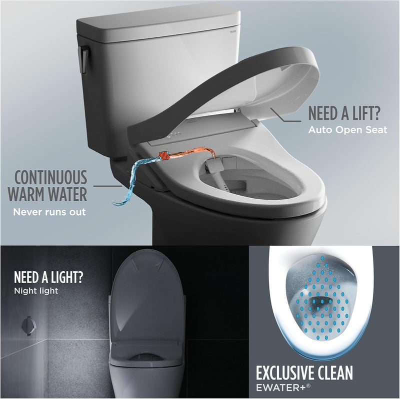 TOTO Nexus Washlet+ S7A One-Piece - Toilet with auto open seat, continuous warm water feature, and night light on a gray background.