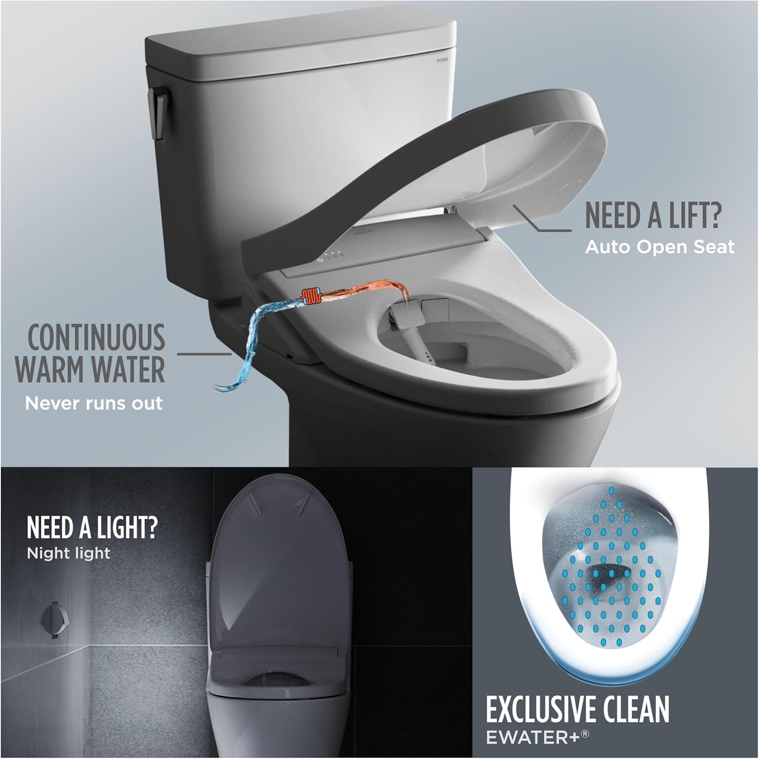 TOTO Nexus Washlet+ S7A One-Piece - Toilet with auto open seat, continuous warm water feature, and night light on a gray background.