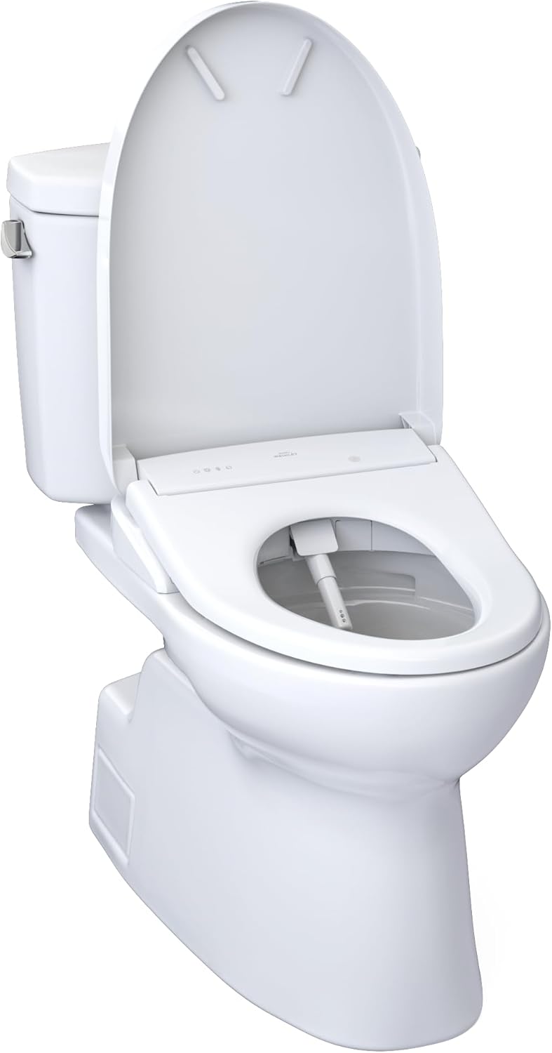 TOTO Vespin II Washlet + S7 Two-Piece - White toilet on a white background with lid open