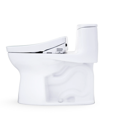 White toilet bowl with seat on a white background
