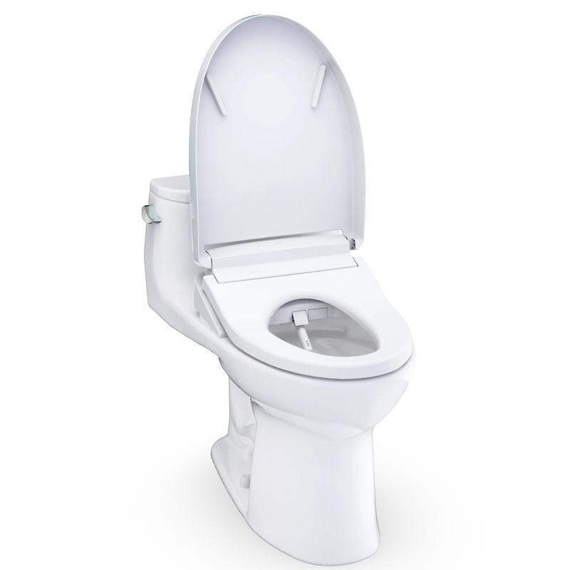 White toilet with seat and cover on a white background
