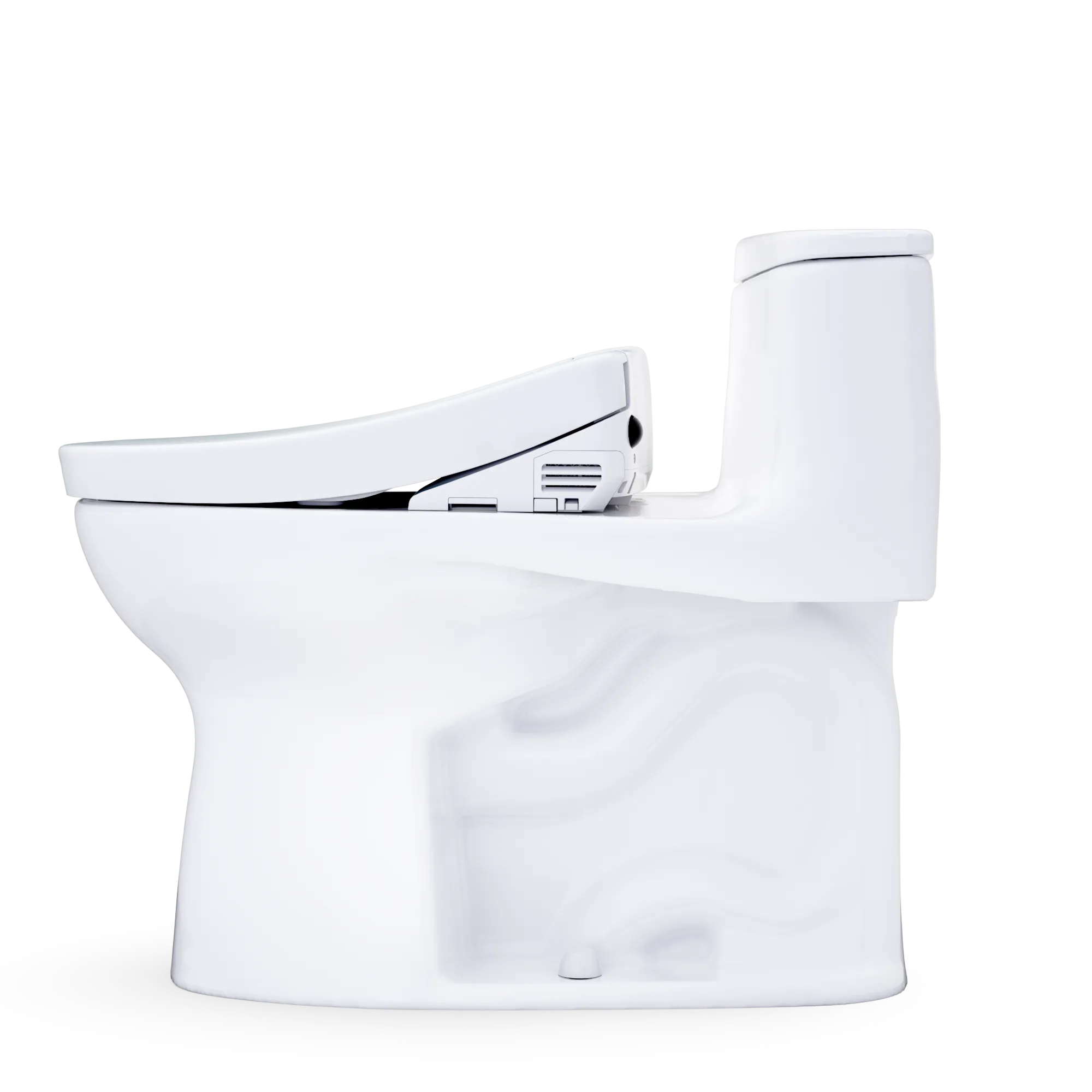 White toilet bowl with seat on a white background