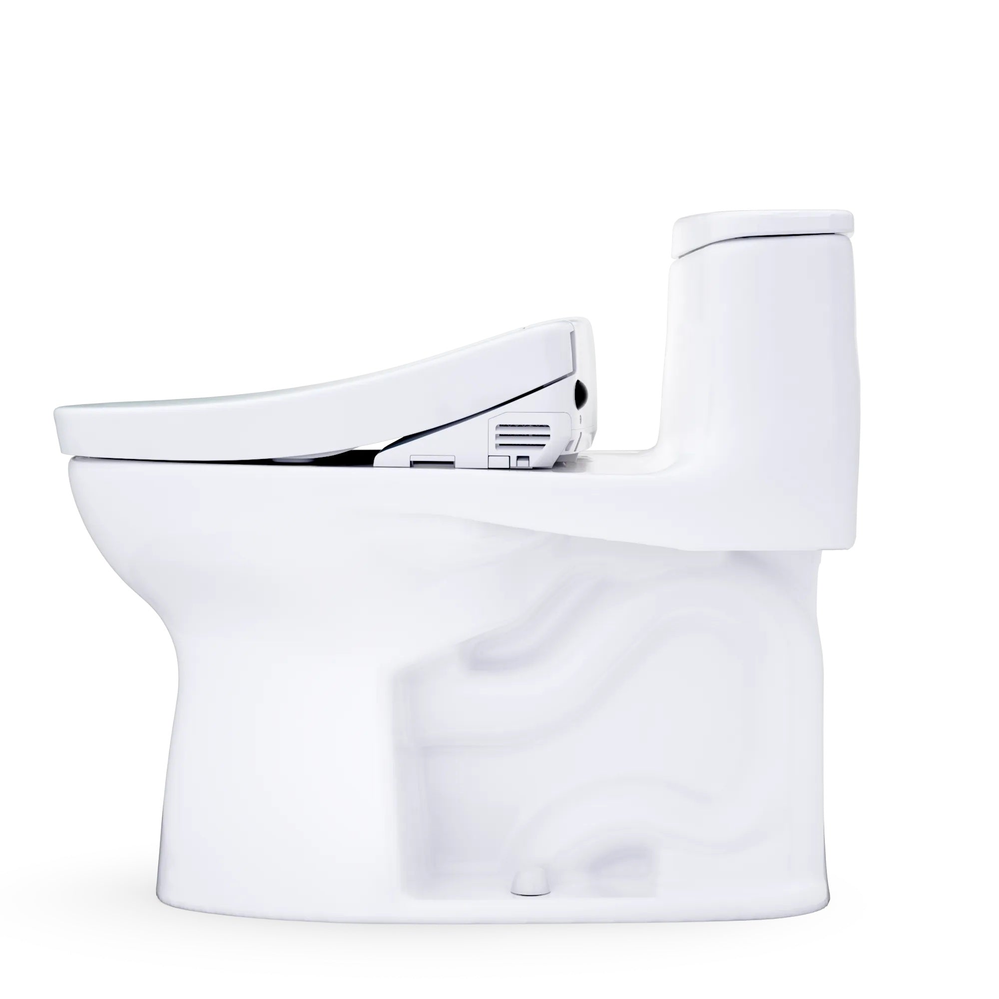 White toilet bowl with seat on a white background