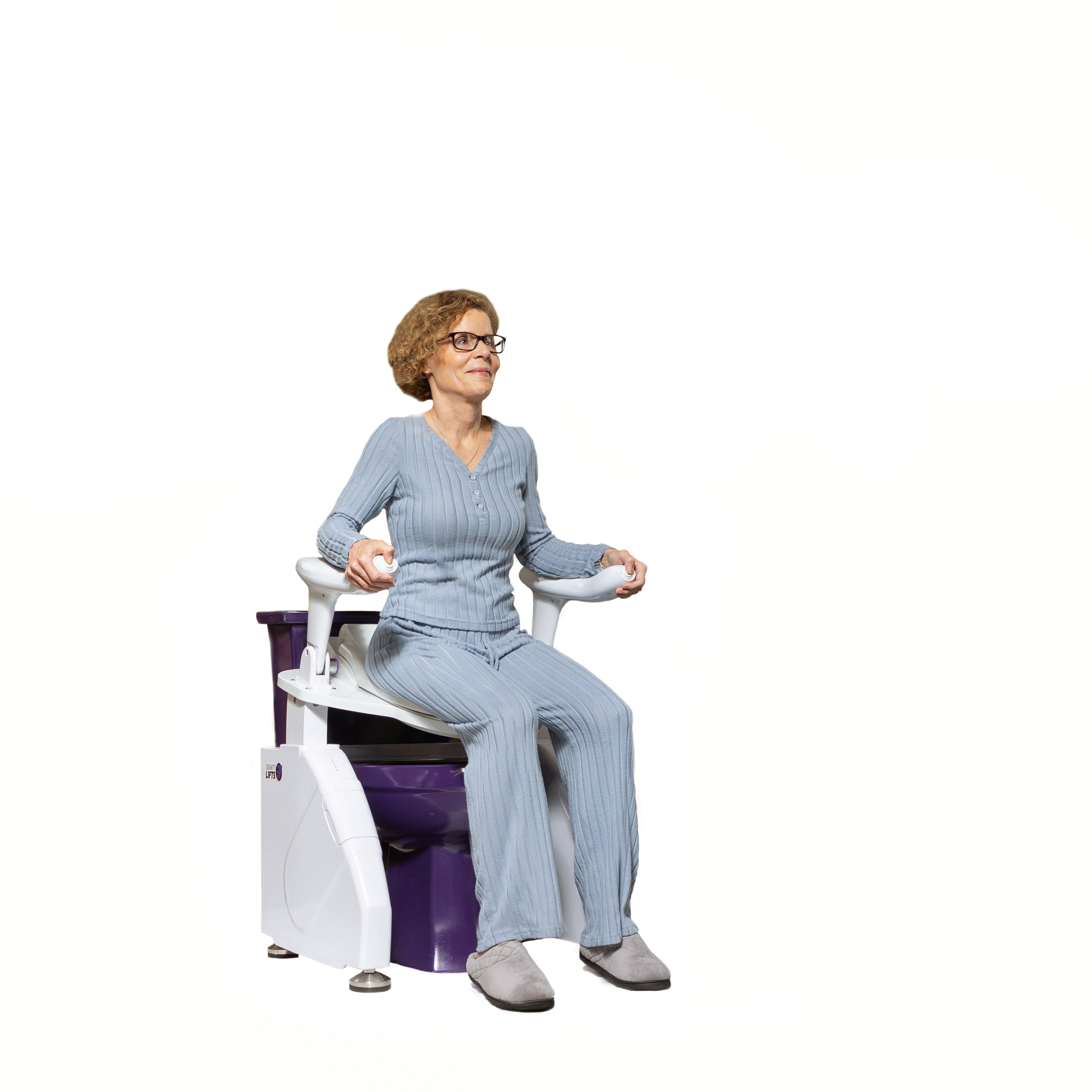 Dignity Lifts Bidet Toilet Lift WL2 - Image of an elderly woman about to stand up from a toilet with a built in toilet lift