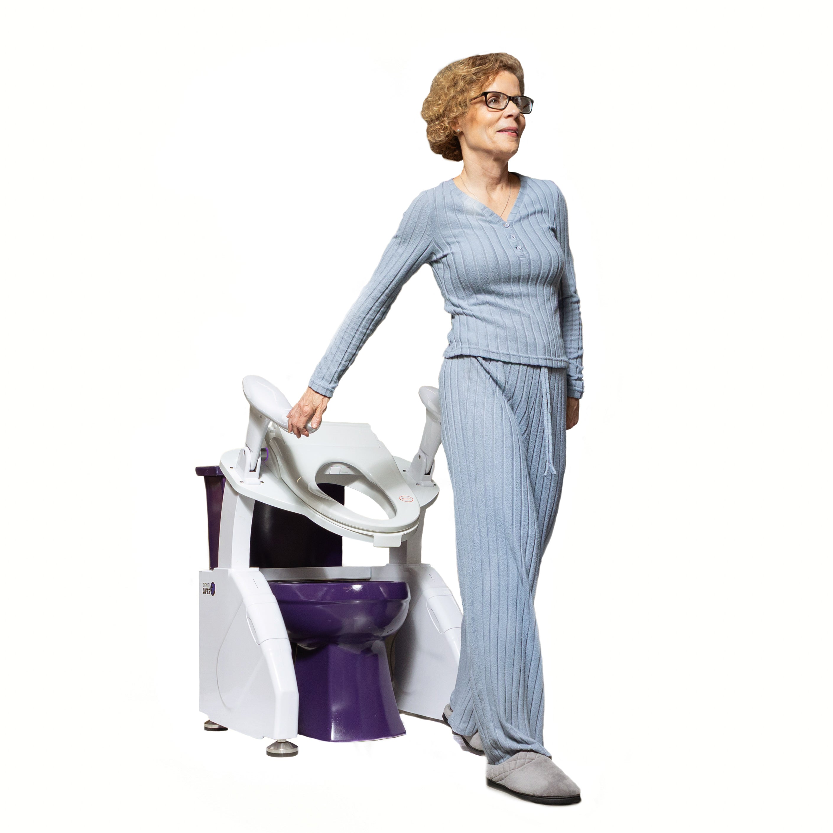 Dignity Lifts Bidet Toilet Lift WL2 - Elderly woman standing up after using a purple toilet with toilet lift