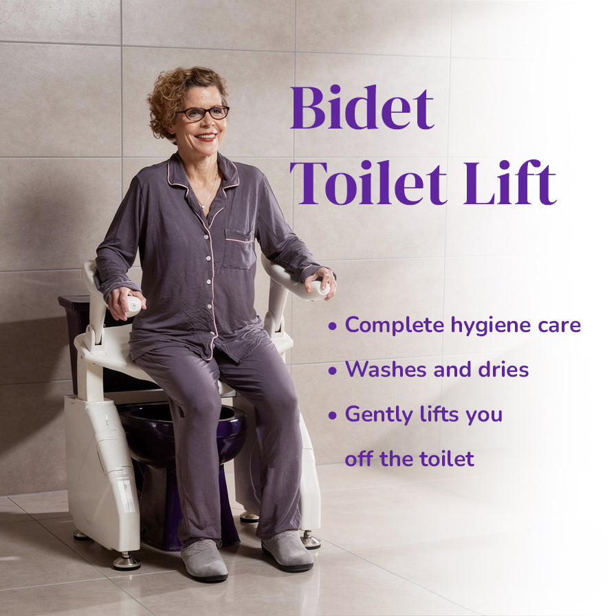 Dignity Lifts Bidet Toilet Lift WL2 - elderly woman showing how to use bidet toilet lift