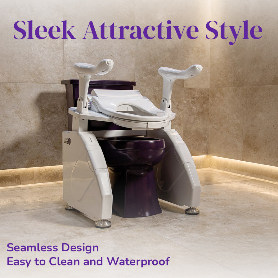 Dignity Lifts Bidet Toilet Lift WL2 - A modern bidet toilet with a white toilet lift seat and side supports, a dark purple toilet bowl, and a matching purple tank, set against a beige tiled bathroom wall and floor. Purple text overlays read 'Sleek Attractive Style' at the top and 'Seamless Design Easy to Clean and Waterproof' at the bottom.