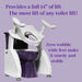 Dignity Lifts Bidet Toilet Lift WL2 - A white and purple toilet lift seat with armrests and leveling feet, shown on a light purple background with promotional text describing its lift height and stability.