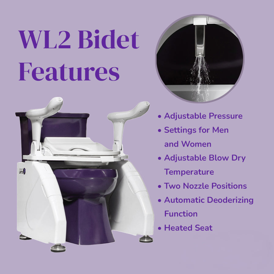 Dignity Lifts Bidet Toilet Lift WL2 - Bidet features on a purple background
