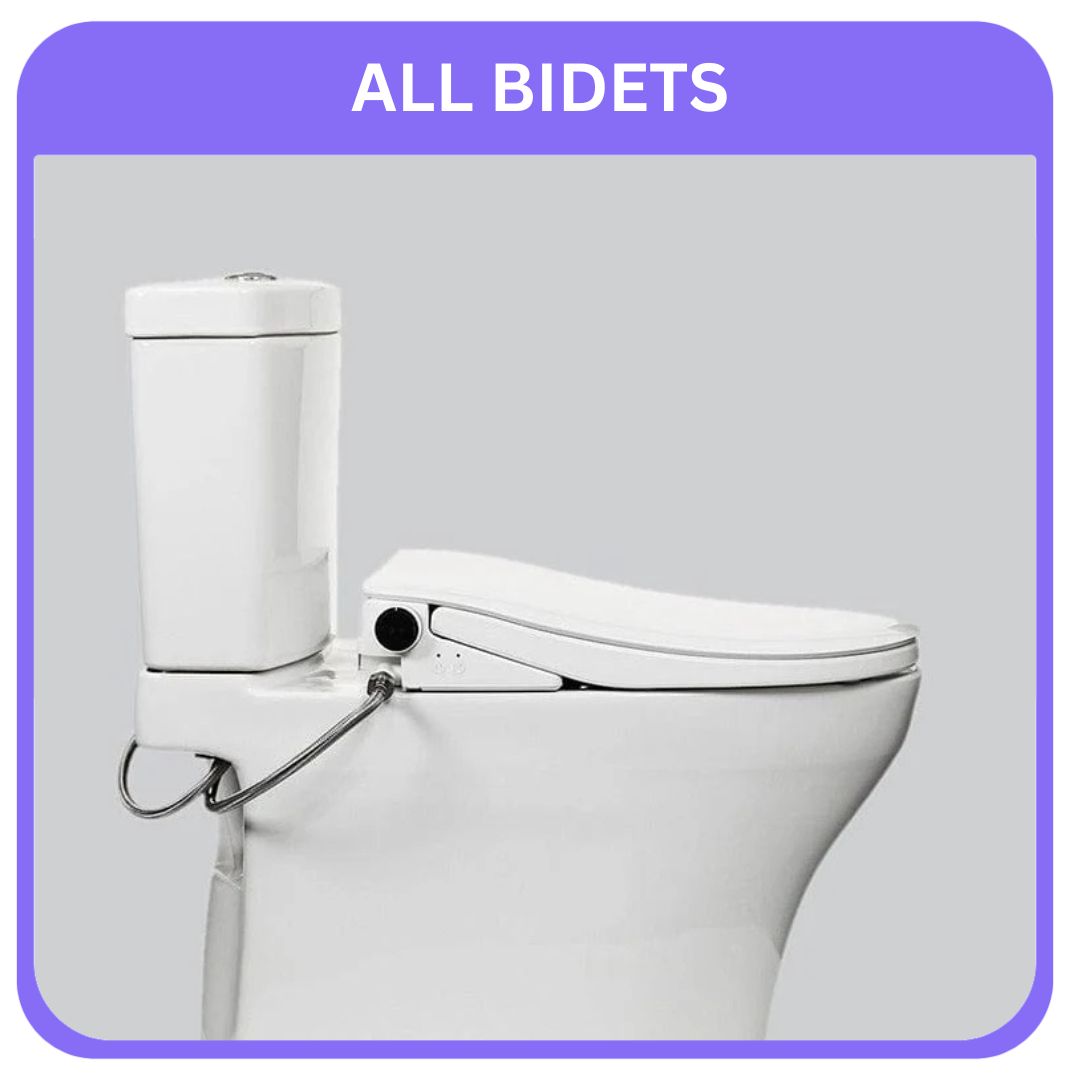 White bidet attachment on a toilet with a purple border and 'ALL BIDETS' Title