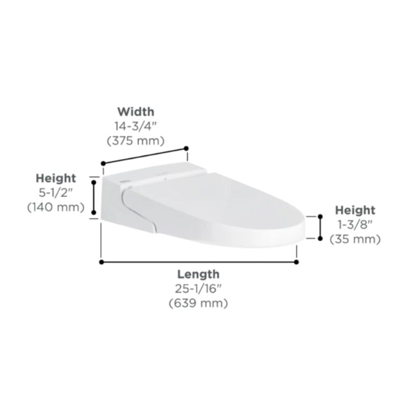 American Standard Advanced Clean 100 SpaLet Bidet Toilet Seat Unit - A white toilet seat and lid with overlaid dimension labels showing width, height, and length measurements on a plain white background.
