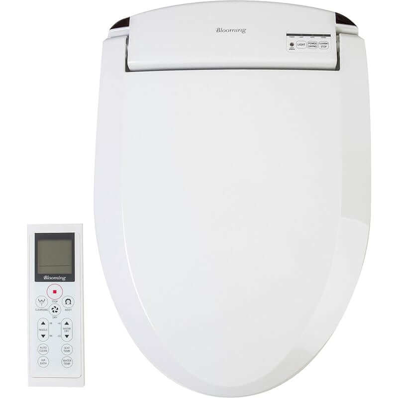 Blooming Bidet Toilet Seat NB-R1063 with remote control, offering instant warm water, heated seat, and air dryer for comfort.