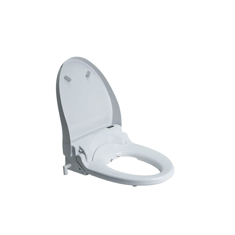 Blooming NB-R1570 bidet toilet seat with auto-open lid and replaceable nozzles, fits various toilet designs, shown in white.