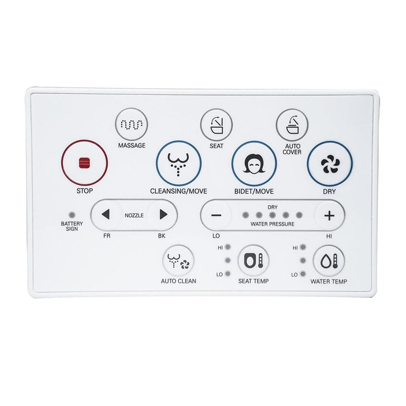 Remote control panel for Blooming NB-R1570 Bidet Toilet Seat, featuring buttons for massage, auto cover, cleansing, and temperature control.